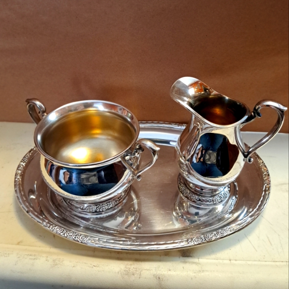 Silver tea set (Camille) tray, creamer & sugar bowl